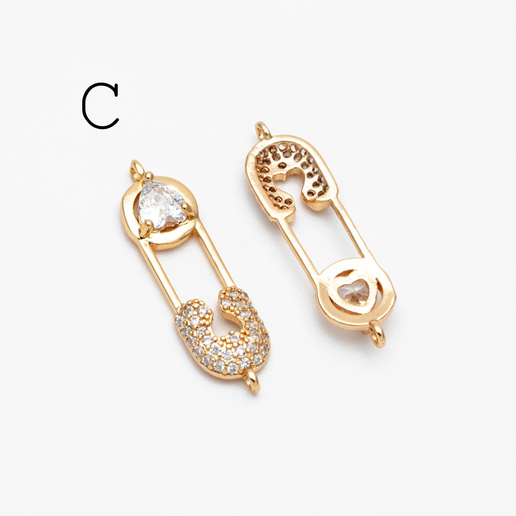 4pcs CZ Pave Safety Pin Charm Connectors , Gold Plated Brass Safety Pin Charm Pendants (GB-1827)
